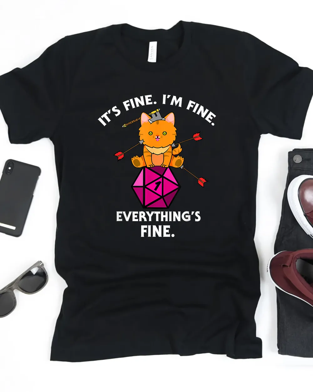 It's Fine RPG Gamer Cat D20 Dice Fail Funny Nerdy Geek T Shirt Unisex Standard T-Shirt black s