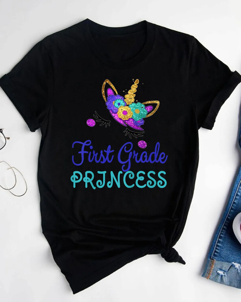 Kids Back 2 School Unicorn Tshirt First Grade T Shirt Unisex Standard T-Shirt black s
