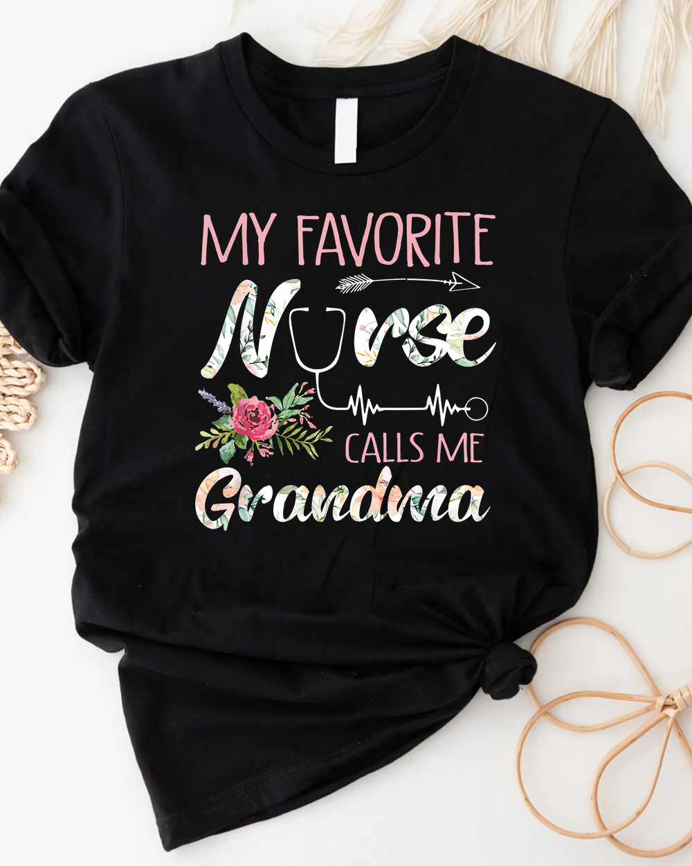 My Favorite Nurse Calls Me Grandma Nursing Flowers T Shirt Unisex Standard T-Shirt black s